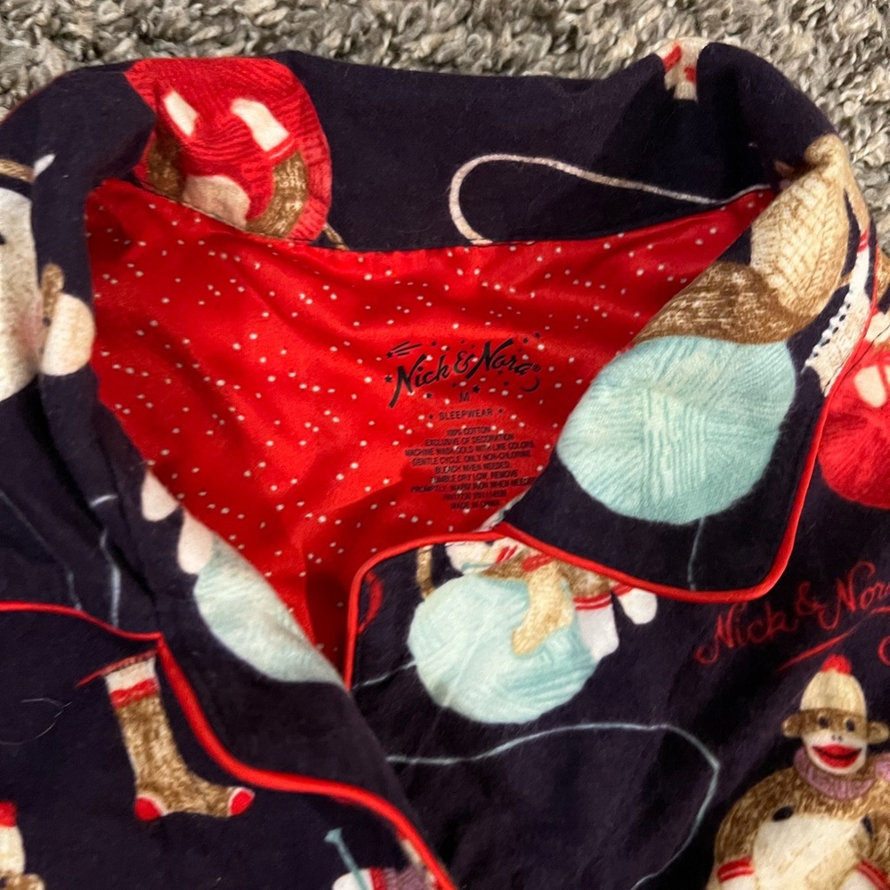 Nick & Nora Women’s Navy Novelty Sock Monkey Flannel Cotton Pajama Set Medium - Picture 3 of 5
